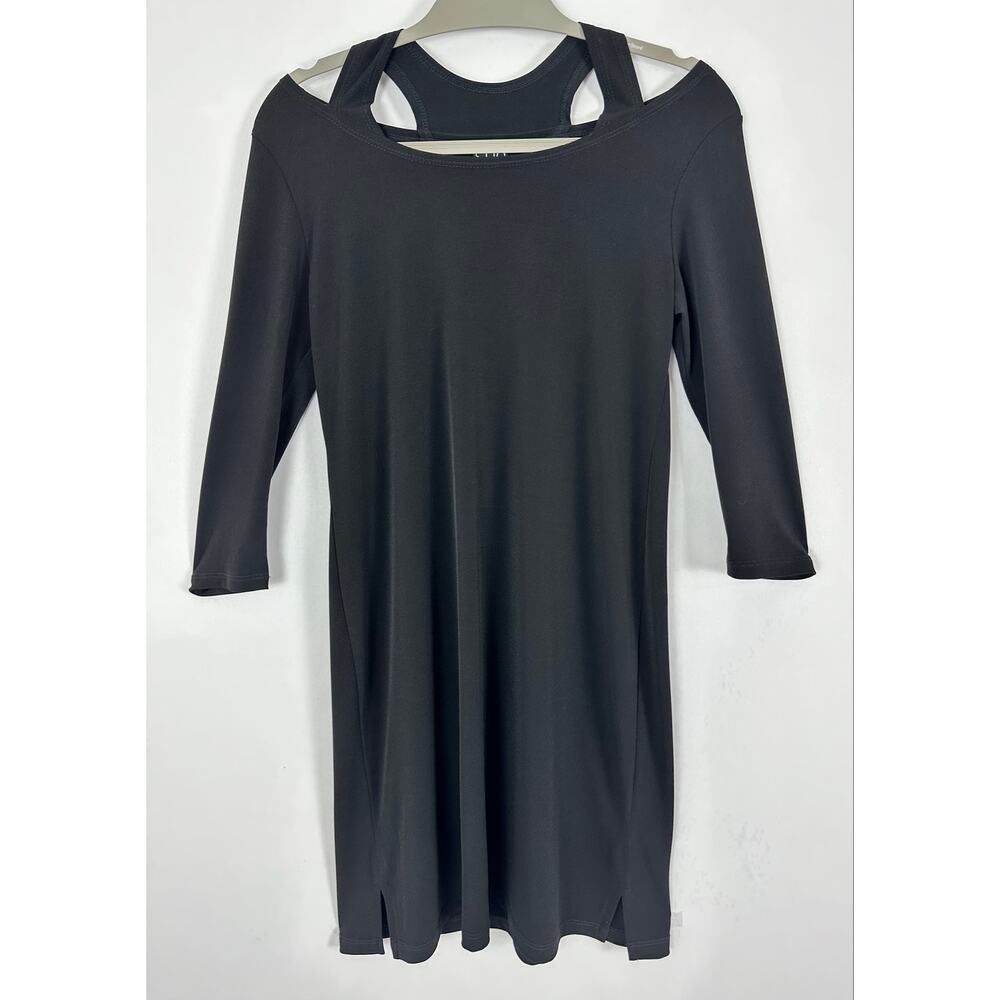 Clara Sun Woo Black Cold Shoulder Tunic Mini Dress Travel Lagenlook LBD Size XS - Picture 2 of 7